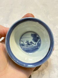 Three Japanese Arita blue and white &lsquo;Van Frytom&rsquo; cups and four shield-shaped saucers, Ming and Chenghua mark, ca. 1700