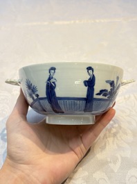 A Chinese blue and white 'Long Elizas and Playing Boys' bowl and cover, Chenghua mark, Kangxi