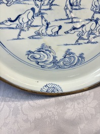 A rare Chinese silver-mounted blue and white 'Eight Horses of Mu Wang' dish, Kangxi
