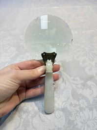 A Chinese mounted magnifying glass with a jade handle and a sterling silver letter opener with a jade handle, 19th C.