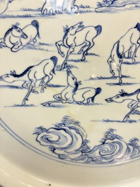 A rare Chinese silver-mounted blue and white 'Eight Horses of Mu Wang' dish, Kangxi