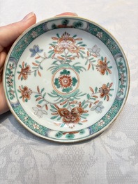 Five Chinese famille verte cups and saucers with floral design, 19th C.