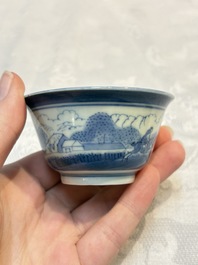 Three Japanese Arita blue and white &lsquo;Van Frytom&rsquo; cups and four shield-shaped saucers, Ming and Chenghua mark, ca. 1700