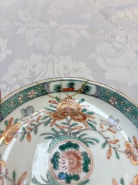 Five Chinese famille verte cups and saucers with floral design, 19th C.