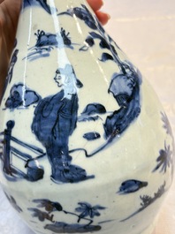 A rare Chinese blue and white 'Immortals' garlic-mouth bottle vase, Wanli/Tianqi