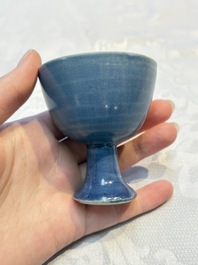 Four Chinese blue-glazed 'Hatcher Cargo' stem cups, Transitional period