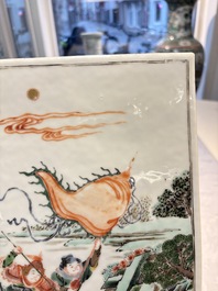 A Chinese famille verte 'Ma Yue Tan Xi 馬躍檀溪' plaque, 19th C.