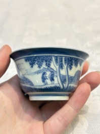 Three Japanese Arita blue and white &lsquo;Van Frytom&rsquo; cups and four shield-shaped saucers, Ming and Chenghua mark, ca. 1700
