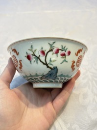 A Chinese famille rose coral-ground 'Gu' vase and a pair of 'Fu Lu Shou 福祿壽' bowls, Qianlong and Guangxu marks, 19th C.