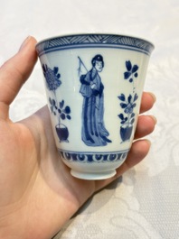 Three Chinese blue and white 'Elegant Beauties' cups and saucers, Chenghua and jade marks, Kangxi