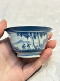 Three Japanese Arita blue and white &lsquo;Van Frytom&rsquo; cups and four shield-shaped saucers, Ming and Chenghua mark, ca. 1700