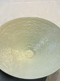 A fine Chinese qingbai conical bowl with incised floral design, Song
