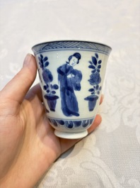 Three Chinese blue and white 'Elegant Beauties' cups and saucers, Chenghua and jade marks, Kangxi