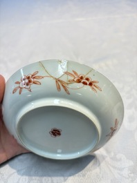 Five Chinese famille verte cups and saucers with floral design, 19th C.