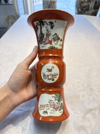 A Chinese famille rose coral-ground 'Gu' vase and a pair of 'Fu Lu Shou 福祿壽' bowls, Qianlong and Guangxu marks, 19th C.