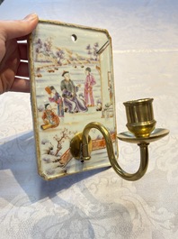 A pair of Chinese Canton famille rose 'Mandarin Subject' wall sconces, Qianlong