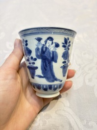 Three Chinese blue and white 'Elegant Beauties' cups and saucers, Chenghua and jade marks, Kangxi