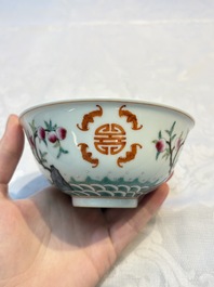 A Chinese famille rose coral-ground 'Gu' vase and a pair of 'Fu Lu Shou 福祿壽' bowls, Qianlong and Guangxu marks, 19th C.