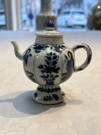 A Chinese blue and white covered ewer, a rose water sprinkler, a covered cup and saucer, jade 玉 and twin-fish mark, Kangxi
