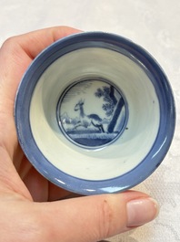 Three Japanese Arita blue and white &lsquo;Van Frytom&rsquo; cups and four shield-shaped saucers, Ming and Chenghua mark, ca. 1700