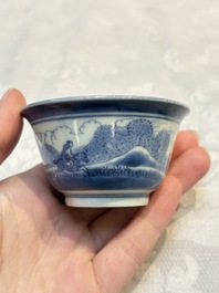 Three Japanese Arita blue and white &lsquo;Van Frytom&rsquo; cups and four shield-shaped saucers, Ming and Chenghua mark, ca. 1700