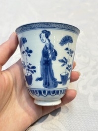 Three Chinese blue and white 'Elegant Beauties' cups and saucers, Chenghua and jade marks, Kangxi