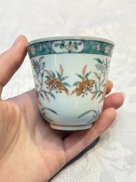 Five Chinese famille verte cups and saucers with floral design, 19th C.