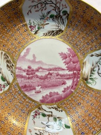 A Chinese famille rose puce-enamelled 'Riverscape' plate, cup and saucer, Jiaqing