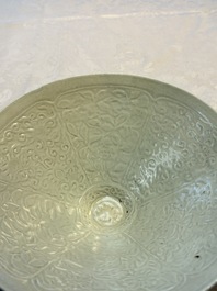 A fine Chinese qingbai conical bowl with incised floral design, Song