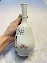 A Chinese famille rose 'Shoulao' bottle vase, signed Wang Qi 王琦, Taozhai 匋斋 seal mark, dated 1943