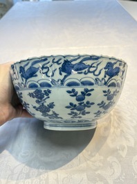 A Chinese blue and white 'Flying Horses' bowl, Fu Gui Jia Qi 富貴佳器 mark, Wanli