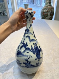 A rare Chinese blue and white 'Immortals' garlic-mouth bottle vase, Liao 料 mark, Wanli/Tianqi