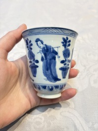 Three Chinese blue and white 'Elegant Beauties' cups and saucers, Chenghua and jade marks, Kangxi