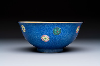 A Chinese famille rose blue-ground sgraffito bowl, Qianlong mark and of the period