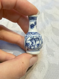 A group of 12 Chinese blue and white miniature vases and a small bottle vase, Kangxi