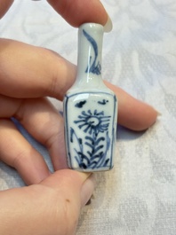 A group of 12 Chinese blue and white miniature vases and a small bottle vase, Kangxi