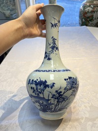 A rare Chinese blue and white 'Cat and Butterfly 耄耋' bottle vase, Transitional period