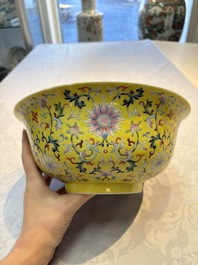 A rare Chinese famille rose yellow-ground bowl from the imperial workshops, Jiang Shi Qian Ju 蔣氏籤具 mark, Republic