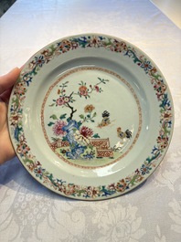 Four Chinese famille rose 'Roosters' plates and a 'Crane' dish, Qianlong