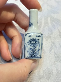 A group of 12 Chinese blue and white miniature vases and a small bottle vase, Kangxi
