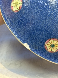 A Chinese famille rose blue-ground sgraffito bowl, Qianlong mark and of the period
