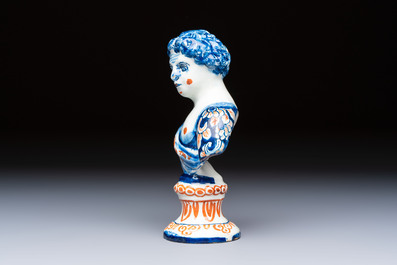 A polychrome Dutch Delft male bust of a Roman emperor or general, early 18th C.