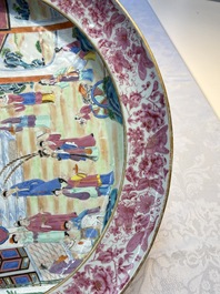 A fine large Chinese Canton famille rose dish with a palace garden scene, 19th C.