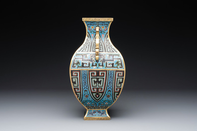 A Chinese archaistic cloisonn&eacute; square vase, Qianlong and Ren mark, 19/20th C.