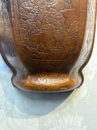 A rare Chinese moulded gourd wall pocket vase with landscape design, Guangxu mark and of the period