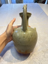 A fine Chinese Yueyao green-glazed chicken-head ewer with dragon-form handle, Southern Dynasties