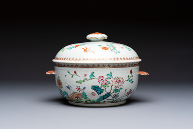 A Chinese famille rose &lsquo;Crane in a Garden&rsquo; tureen and cover, Qianlong