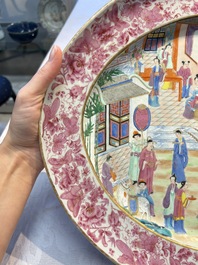 A fine large Chinese Canton famille rose dish with a palace garden scene, 19th C.