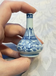 A group of 12 Chinese blue and white miniature vases and a small bottle vase, Kangxi
