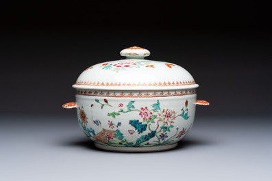 A Chinese famille rose &lsquo;Crane in a Garden&rsquo; tureen and cover, Qianlong